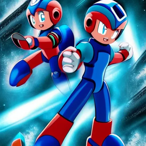 Prompt: A glossy promotional image for the upcoming sci-fi action movie 'MegaMan'