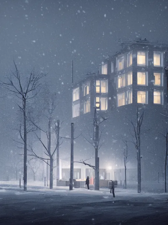 Image similar to film still of tiny soviet residential building, residential suburb area, lights are on in the windows, deep dark night, cozy atmosphere, cold winter, snowing, streetlamps with orange light, volumetric light, several birches nearby, elderly people stand at the entrance to the building, mega detailed, unreal render