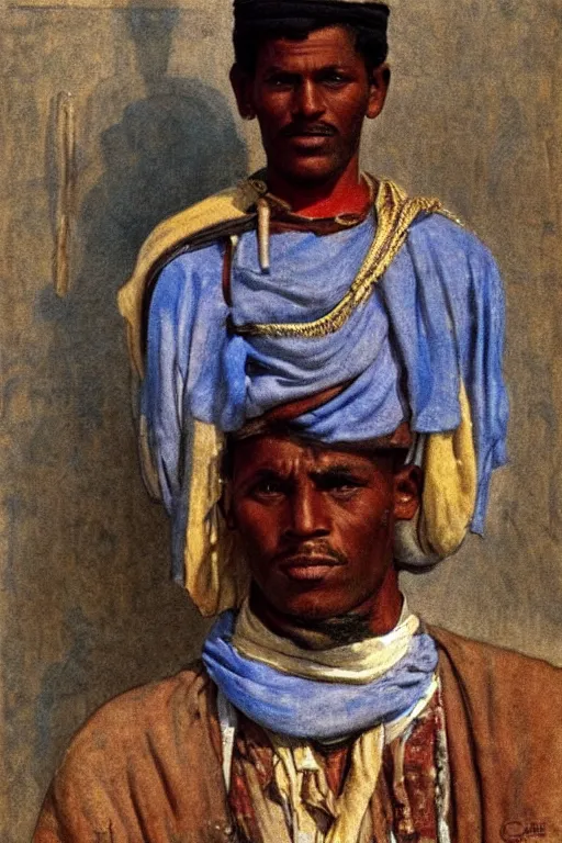 Image similar to a closer hero portrait of a live nubian temple guard with very piercing blue eyes, incredibly charismatic. in old egypt. masterpiece, dramatic light and shadow, saturated colors, ciaroscuro. painted by carl larsson