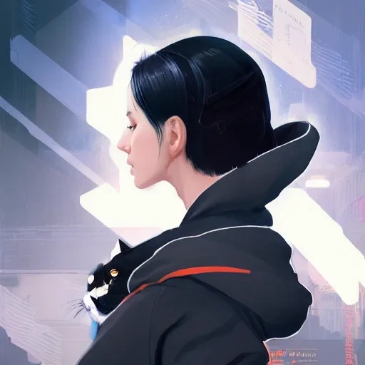Prompt: a pale skinny white young girl with black hair, the hime cut, 1 8, in a black hoodie, and a cat, apex legends character, digital illustration portrait design, by android jones and greg rutkowski, retrowave color scheme, detailed, cinematic lighting, wide angle action dynamic portrait
