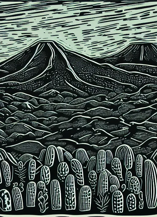 Prompt: art by linocut boy, a beautiful black ink linocut print of the cactus forest of baja mexico on 3 0 0 gsm cold pressed paper, high hills, 8 k, frostbite 3 engine, cryengine, ground level shot, dof, trending on artstation, digital art, crepuscular ray