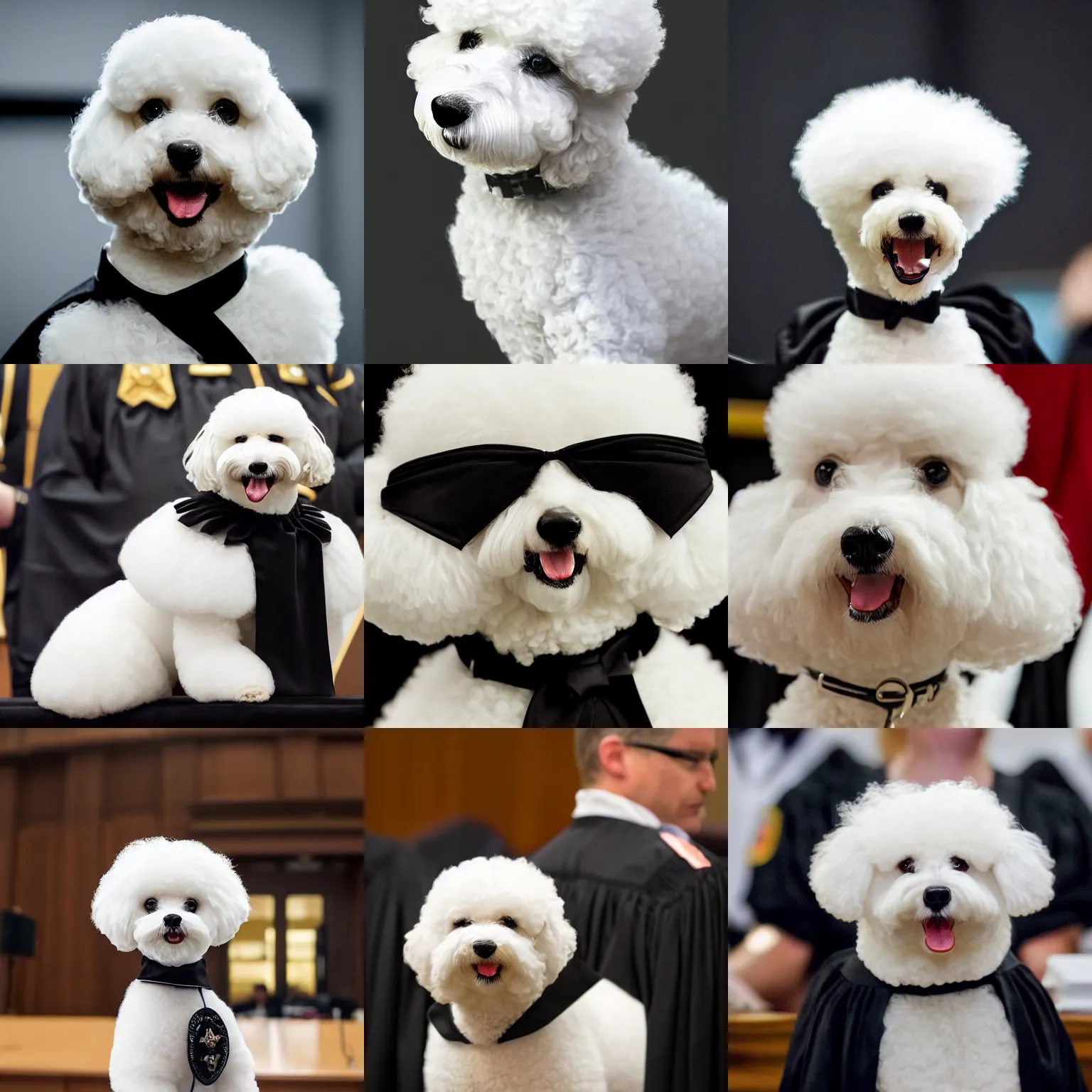 Image similar to a closeup photorealistic photograph of a cute smiling white bichon frise judge wearing a black gown and addressing a courthouse. this 4 k hd image is trending on artstation, featured on behance, well - rendered, extra crisp, features intricate detail, epic composition and the style of unreal engine.