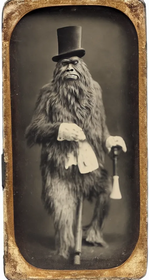 Image similar to a vintage wet plate portrait of a dignified bigfoot with a top hat and cane