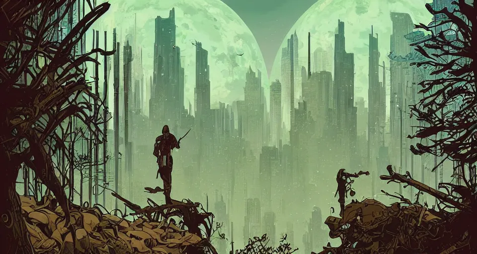 Image similar to poster artwork by michael whelan and tomer hanuka, portrait of druid in postapocalyptic city intertwined with nature and forest floating in in the clouds of jupiter, epic composition, clean, art deco