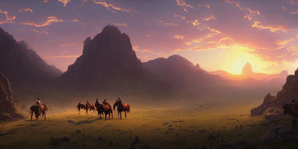 Prompt: a sunset over a mountain valley, a heard of wild mustangs, cowboys, western, by greg rutkowski and thomas kinkade, trending on artstation