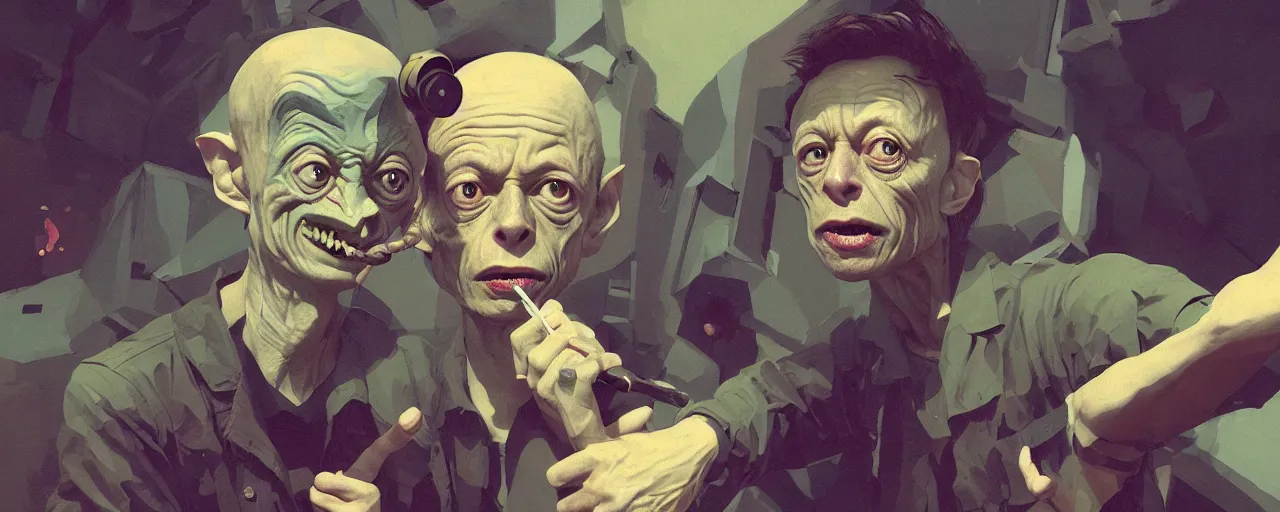 Image similar to duotone olive illustration 3 / 4 portrait of gollum smoking joints with elon musk composition accidental renaissance golden ratio. by sachin teng and sergey kolesov and ruan jia and heng z. graffiti art, scifi, fantasy, hyper detailed. octane render. concept art. trending on artstation