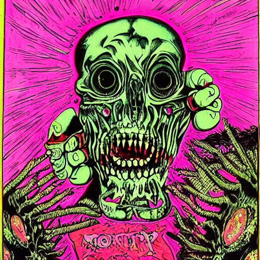 Image similar to garbled monstrosity, 1983 punk art, painted cover abject horror, dark pink and green, detailed, intricate, bizarre, bright, 80s sci fi weird artwork, dystopian