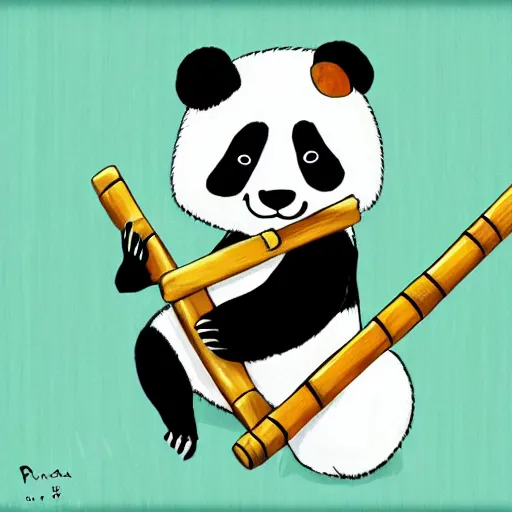 Image similar to a cute panda playing the wooden flute, in a bamboo forest. Digital art trending on art station