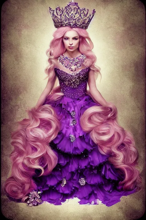 Image similar to lovely regal queen, portrait, updo of blonde and pink ombre hair, crown, flowerpunk, crystal coated violet flowers, by Natalie Shau