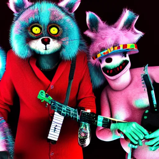 Image similar to bandphoto of anthropomorphic furry musicians, in the style of billelis and james jean and pedro conti and stanley kubrick, inspired by die antwoord, kawaii colors, photorealistic, epic, super technical, 3 d render