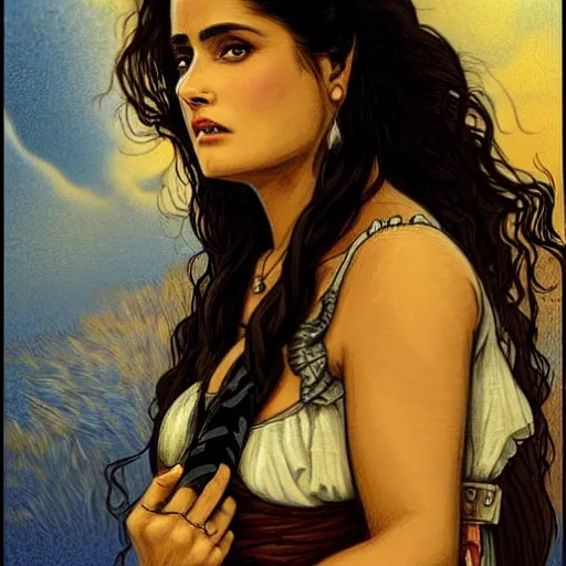 Image similar to salma hayek in wild wild west, portrait, mucha style