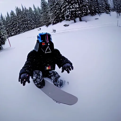 Prompt: photo of darth vader snowboarding, gopro camera