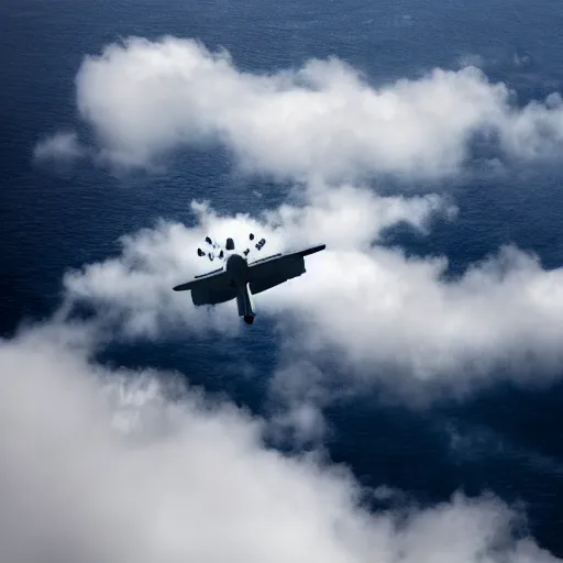 Prompt: birds - eye view of a flying battleship surrounded by clouds.