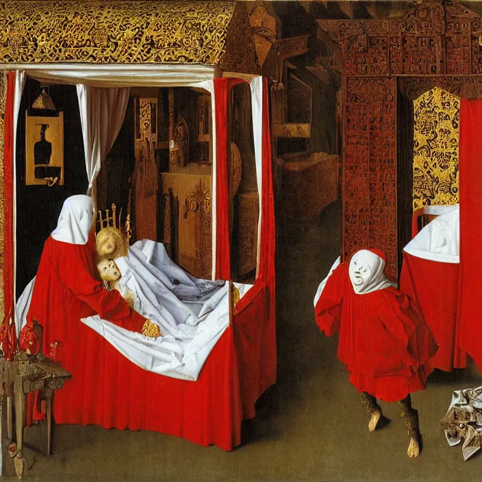 Image similar to three monsters jumping on the bed with white cloth and baldachin. jan van eyck