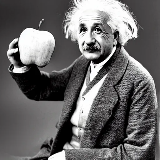 Prompt: albert einstein holding a giant apple