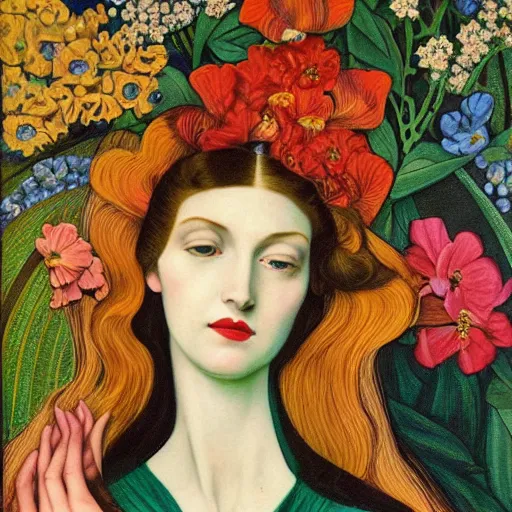 Prompt: a painting of a woman with flowers in her hair, an art deco painting by leo and diane dillon, behance, pre - raphaelitism, pre - raphaelite, fauvism, androgynous