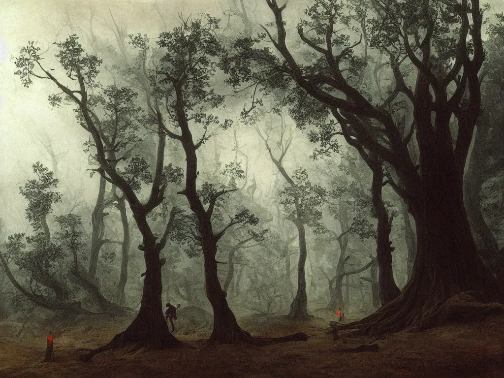 Image similar to People from the tribes stuck in the mud near a giant fallen sequoia tree. Fog. Painting by Caspar David Friedrich,Caravaggio