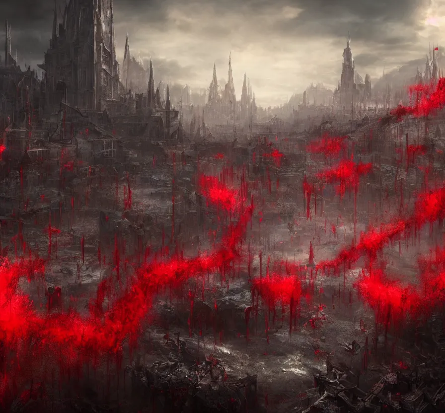 Image similar to blood rain in town, fantasy artwork, very beautiful scenery, hd, hdr, ue 5, ue 6, unreal engine 5, cinematic 4 k wallpaper, 8 k, ultra detailed, by popular digital artist,