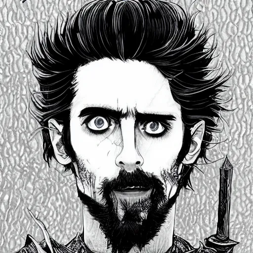 Prompt: pen and ink!!!! attractive 22 year old deus ex Frank Zappa x Jared Leto golden Vagabond!!!! magic swordsman!!!! glides through a beautiful battlefield magic the gathering dramatic esoteric!!!!!! pen and ink!!!!! illustrated in high detail!!!!!!!! by Hiroya Oku!!!!!!!!! Written by Wes Anderson graphic novel published on shonen jump MTG!!! 2049 award winning!!!! full body portrait!!!!! action exposition manga panel