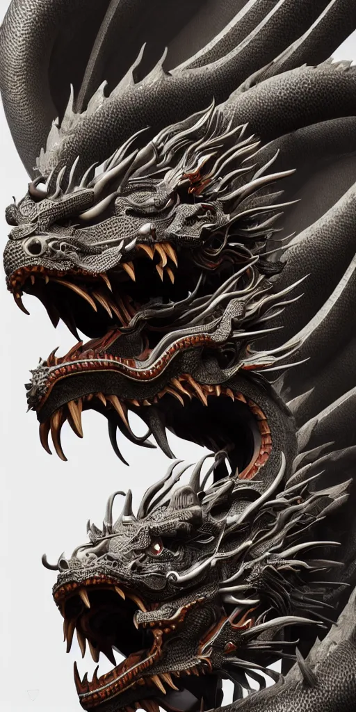 Image similar to a beautiful obverse portrait of a single huge chinese dragon, solid background, mechanical, metal, model design, fine texture structure, hyper detailed, perfect shadows, atmospheric lighting, 3 d render, the style of pascal blanche and sparth juan zigor samaniego, paul pepera pablo roldan, denoise, alone, 4 k hd