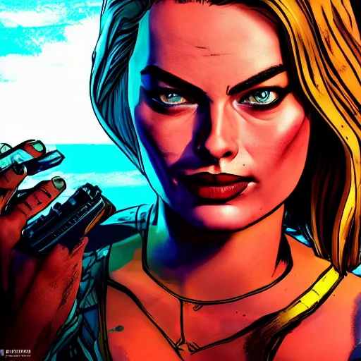 Prompt: margot robbie portrait, borderlands, tales from the borderlands, the wolf among us, comic, cinematic lighting, studio quality, 8 k