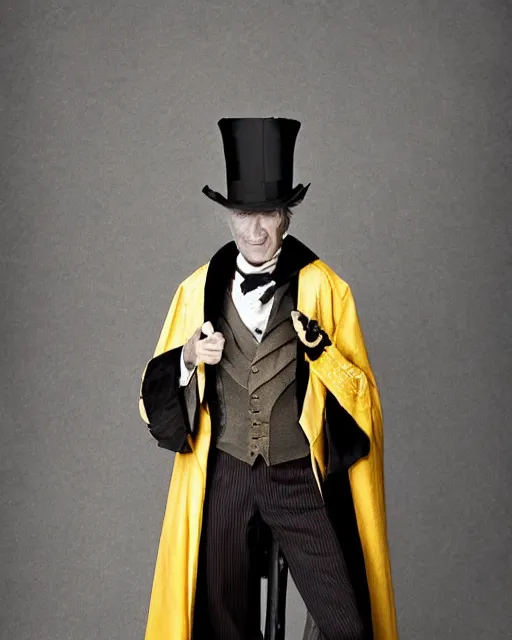 Image similar to Tall, elegant, Coyote man, has yellow wolf eyes, a long beautiful tail, long coyote like ears, He is dressed Victorian era style, wearing a Top Hat and cape, highly realistic, photoreal, photograph in the style of Annie Leibovitz, Studio lighting