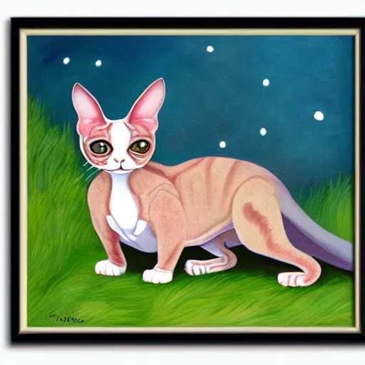 Image similar to painting of a devon rex, cornish rex cat glowing in the moonlight looking curious