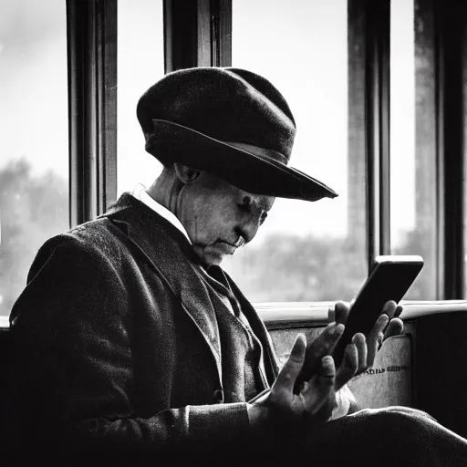 Image similar to turn of the century sepia photo of a man waiting at the train station while holding an ipad