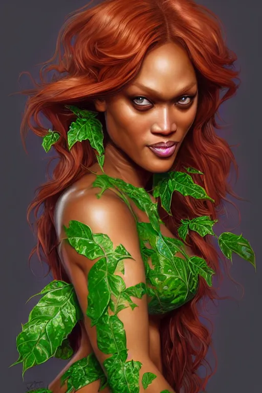 Prompt: tyra banks as poison ivy, realistic portrait, symmetrical, highly detailed, digital painting, artstation, concept art, smooth, sharp focus, illustration, cinematic lighting, art by artgerm and greg rutkowski and alphonse mucha