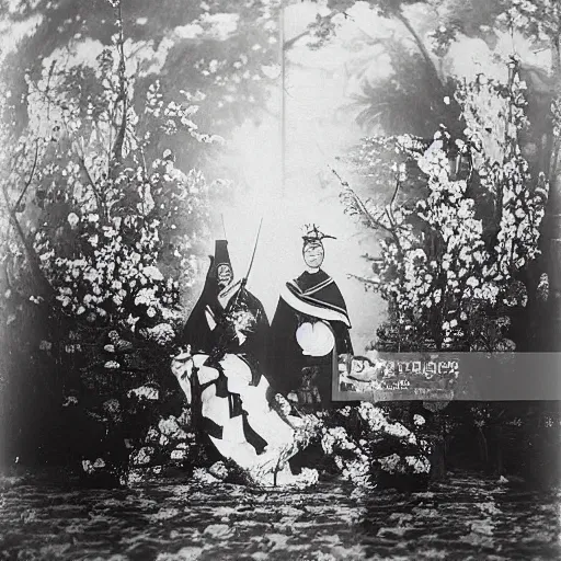 Prompt: A wide-angle, full-shot, colourful black-and-white Russian and Japanese historical fantasy photograph taken within the royal wedding venue in 1907 that was inspired by an enchanted ethereal forest was photographed by the event's official photographer.