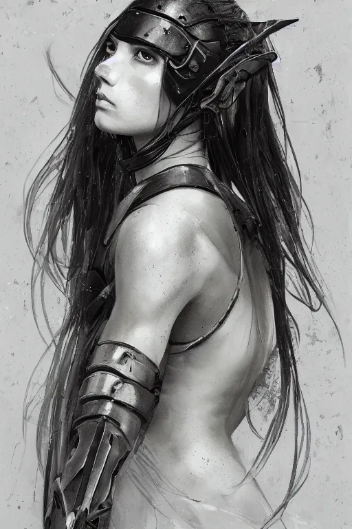 Image similar to a photorealistic painting of an attractive young girl, partially clothed in battle armor, olive skin, long dark hair, beautiful bone structure, symmetrical face, perfect eyes, intricate, elegant, digital painting, concept art, illustration, sharp focus, minimal artifacts, from Metal Gear, in the style of Ruan Jia and Mandy Jurgens, by Greg Rutkowski, trending on Artstation, award winning