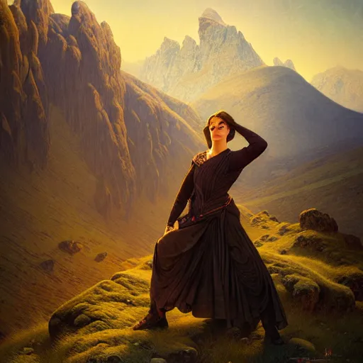 Image similar to of Willow team in Armenia hiking at a weekend and posing with mountains on the background, dark fantasy, medium shot, intricate, ornate, elegant, highly detailed, digital painting, volumetric light, artstation, concept art, smooth, sharp focus, illustration, art by Gil elvgren and charlie bowater and greg rutkowski and alphonse mucha