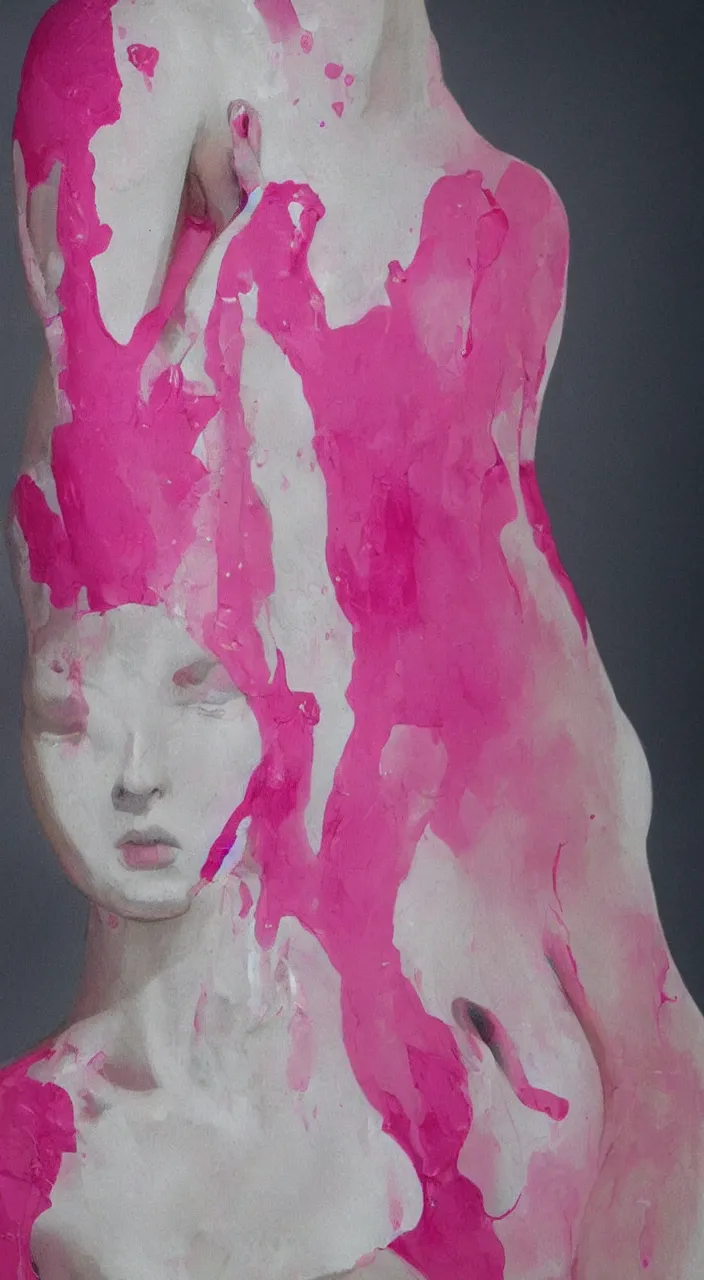 Image similar to dripping pink paint on the figure of a human woman, realistic, with high detail, on a white background,