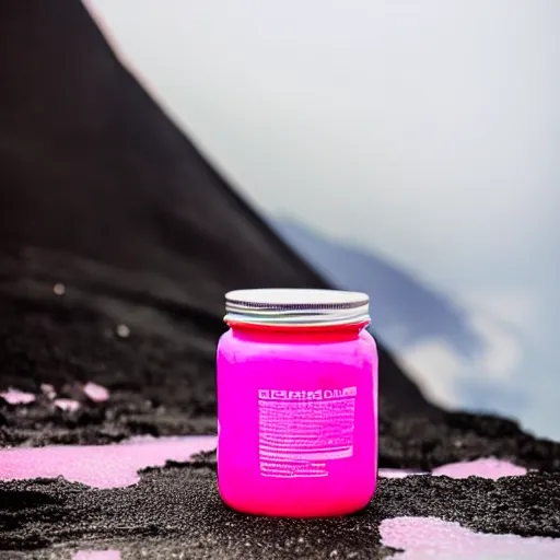 Image similar to a jar of pink goo in a volcano, product photography