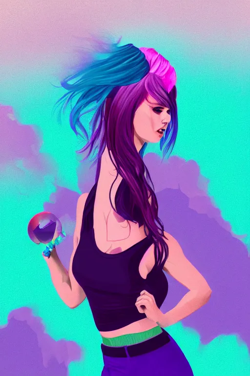 Image similar to a award winning half body porttrait of a beautiful woman in a croptop and cargo pants with ombre purple pink teal hairstyle with head in motion and hair flying, outrun, vaporware, shaded flat illustration, digital art, trending on artstation, highly detailed, fine detail, intricate