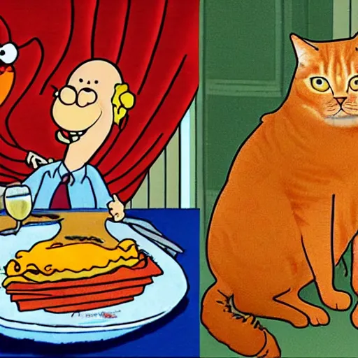 Image similar to fat orange tabby cat next to curly haired man and lasagna on table, by jim davis, garfield comic strip