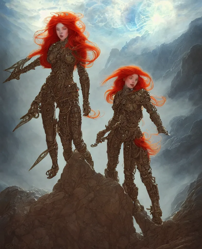 Image similar to beautiful young princess. she is a fire wizard with fire red hair and freckles. she is wearing armor inspired by giger with an exposed midriff. standing on a mountain top with epic clouds and volumetric lighting. intricate illustration and highly detailed digital painting. concept art by artgerm with border inspired by alphonse mucha. inspired by brom art and larry elmore.