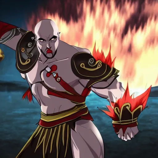 Prompt: kratos in the game hades, still from the game, cel shaded, animestyle