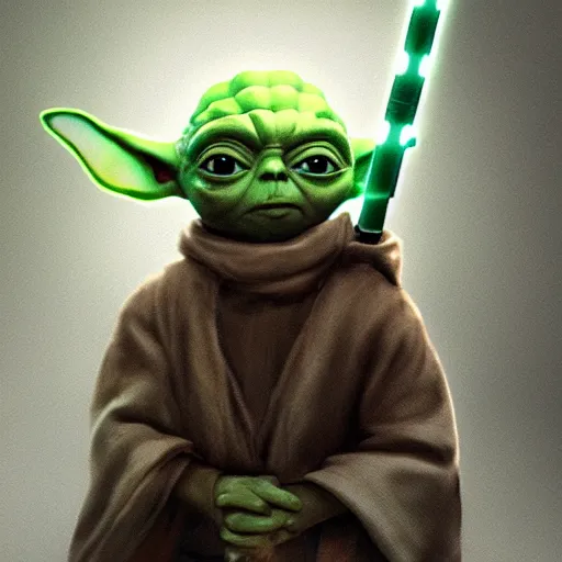 Image similar to young yoda with his lightsaber, au naturel, hyper detailed, digital art, trending in artstation, cinematic lighting, studio quality, smooth render, unreal engine 5 rendered, octane rendered, art style by klimt and nixeu and ian sprigger and wlop and krenz cushart