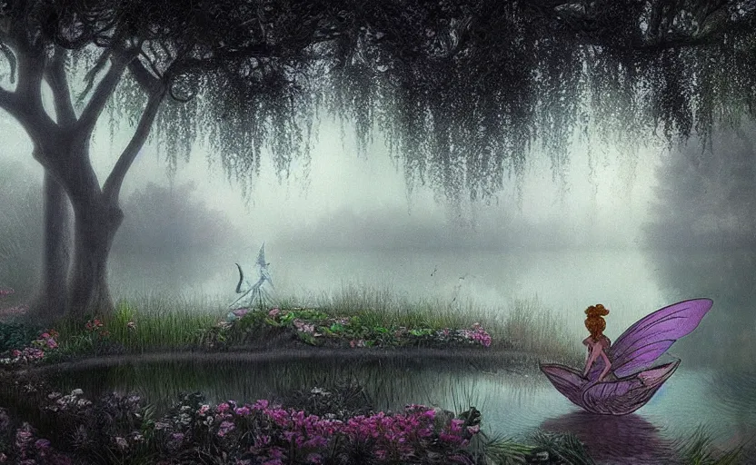 Prompt: a fairy riding a heron over a misty lake, ambient lighting, light bloom, in the style of Edward Robert Hughes!!!! and Over the Garden Wall