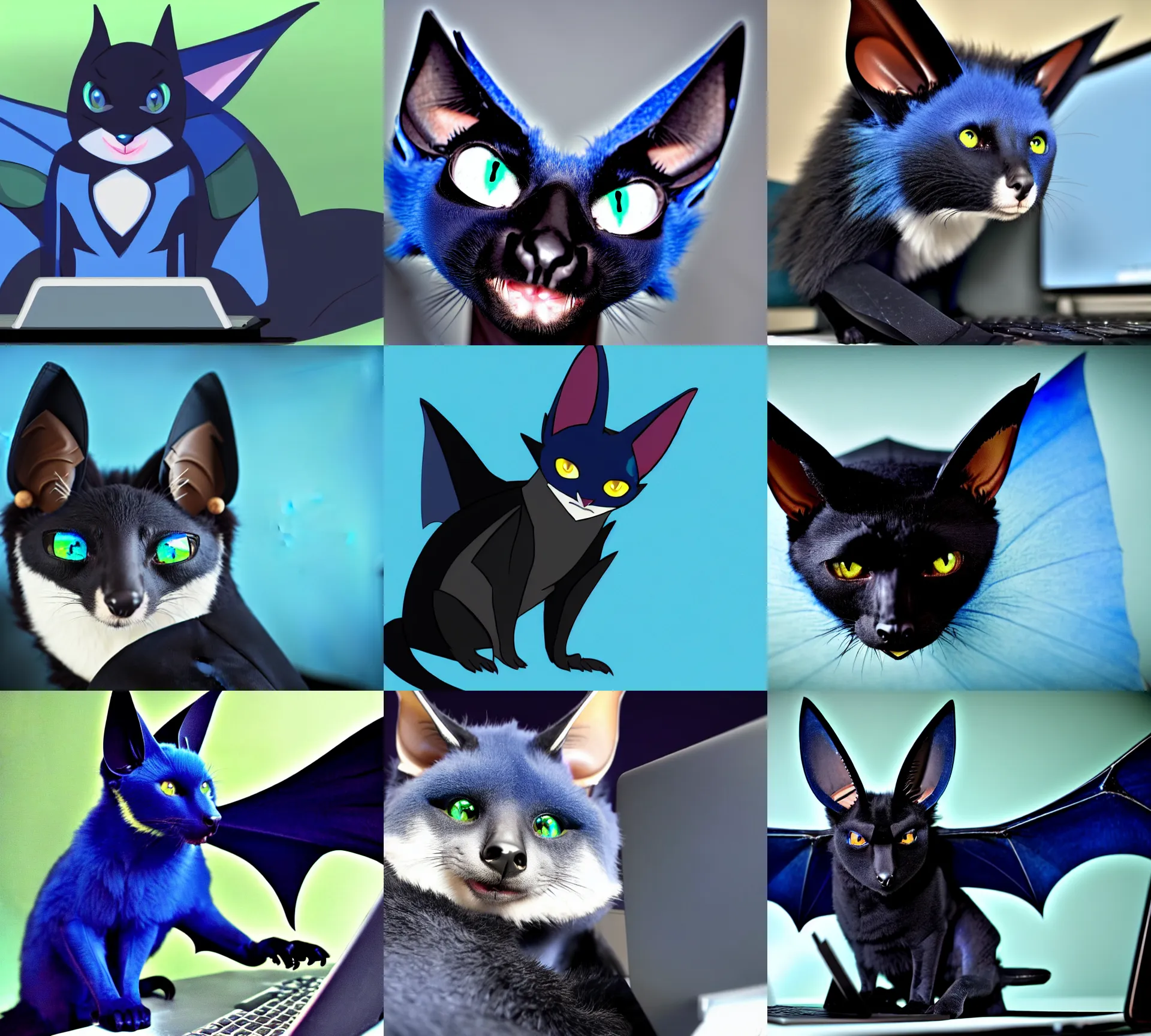 Image similar to a blue - and - black male catbat fursona with blue / green heterochromatic eyes and huge bat ears, photo of the catbat on his computer