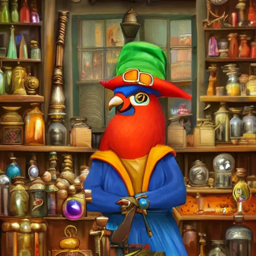 Image similar to Anthropomorphized parrot trader in his shop, shelves full, selling a gem, portrait, items, magic potions, carpet, window, fancy funny hat, sly expression , cunning expression, cute expression, presenting magic gem, D&D, fantasy, cinematic lighting, highly detailed, digital painting, artstation, concept art, smooth, sharp focus, illustration, warm light, cozy warm tint, magic the gathering artwork, volumetric lighting, 8k, no gold, no gold colours, art by Akihiko Yoshida, Greg Rutkowski