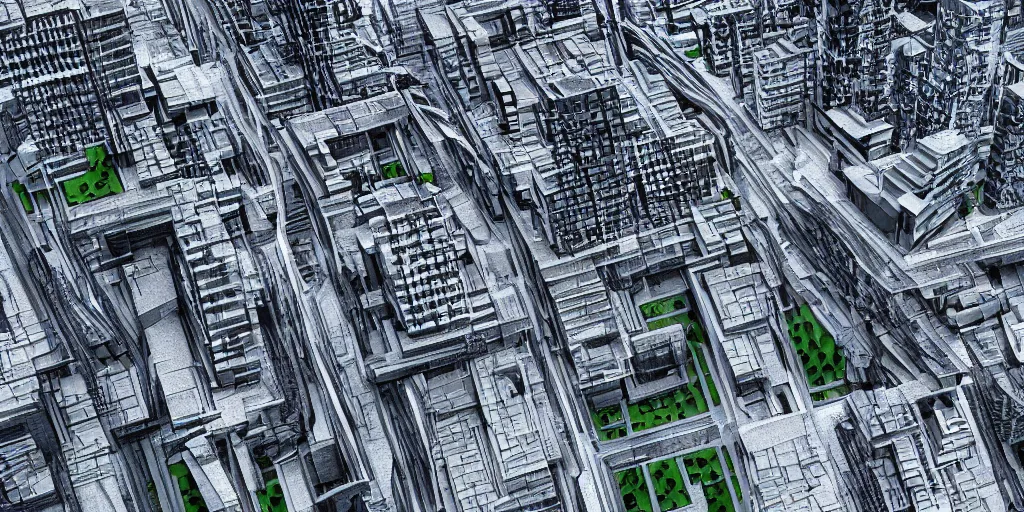 Image similar to drone view of a Brutalist architecture city with a large road through,sharp focus,telephoto lens,3D digital art 4k