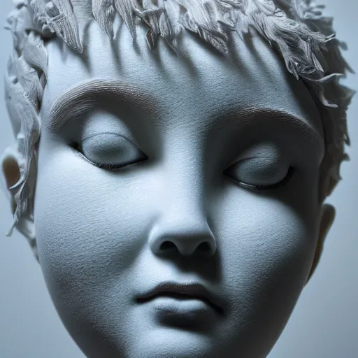 Image similar to full head and shoulders, beautiful female porcelain sculpture by daniel arsham and raoul marks, smooth, all white features on a white background, delicate facial features, white eyes, white lashes, detailed white, lots of real pastel blue hair in a winding geometric hairstyle on the head