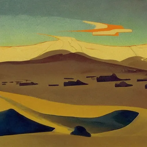 Image similar to a oil painting of a battlefield in a desertic landscape surrounded by mountain, stylised storm, by nicholas roerich, by frank frazetta by georgia o keeffe by frederick william elwell, by hans emmenegger, by eyvind earle highly detailed, realistic, outline, line work, fantasy, oriental, stylised flat colors, animation