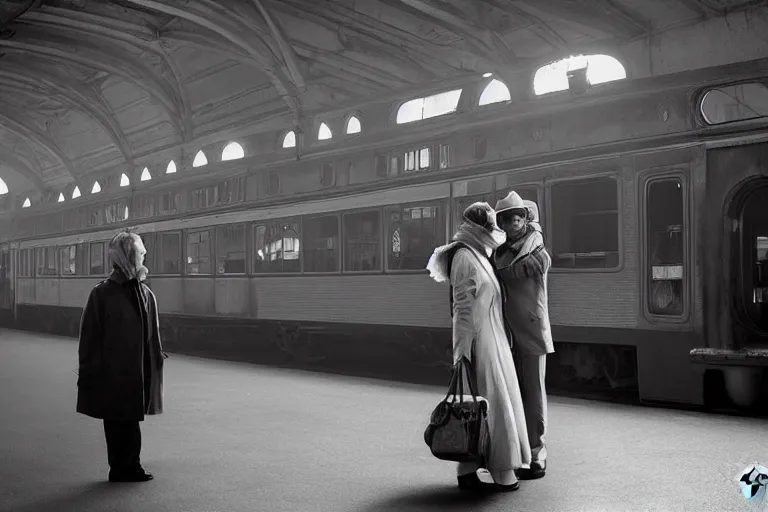 Image similar to couple in a glamorous old train station by Roger Deakins
