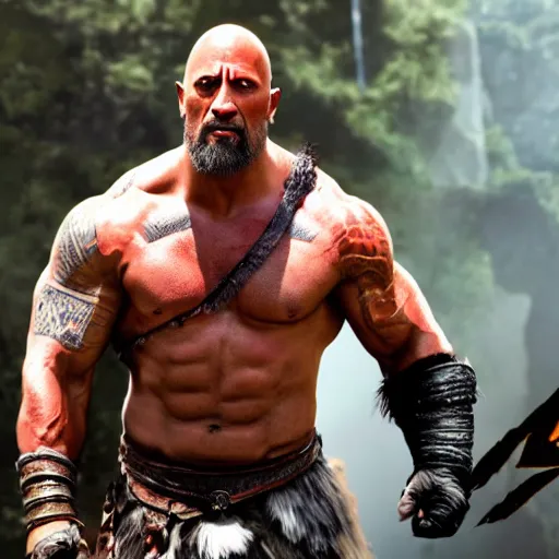 Image similar to dwayne johnson as kratos 4 k detailed