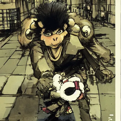 Image similar to a tight shot of a monkey dragging a doll in the street in Japan by Yoji Shinkawa and Ashley Wood, rule of thirds