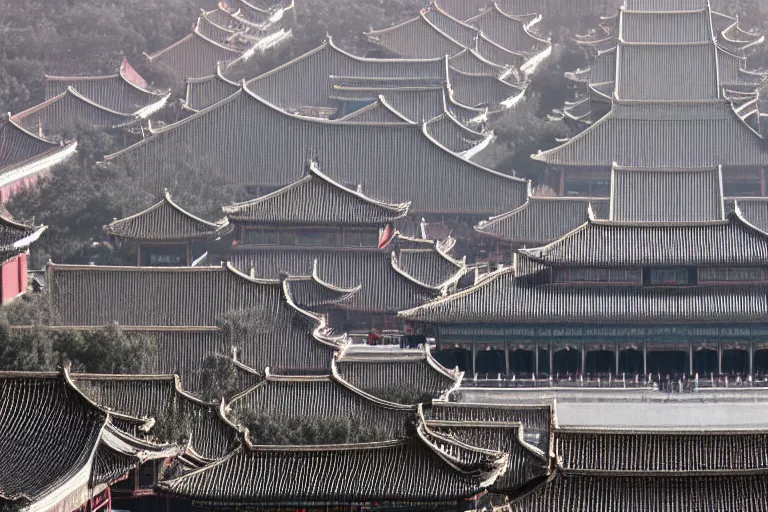 Prompt: top view of the forbidden city, the black and white palace buildings in the wei, jin and northern and southern dynasties in ancient china, the hard and strong buildings, the neat and dense buildings, the cool colors, the bird's - eye view, the panorama, left right symmetry, cg original.