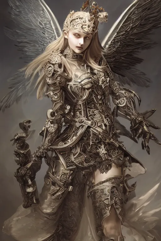 Image similar to A masterpiece ultrarealistic ultradetailed portrait of a divine archangel armored princess knight-witch-ghost with Samurai-Skull Iron mask. baroque renaissance girl in the night forest. medium shot, intricate, elegant, highly detailed. trending on artstation, digital art, by Stanley Artgerm Lau, WLOP, Rossdraws, James Jean, Andrei Riabovitchev, Marc Simonetti, Yoshitaka Amano. background by James Jean and Gustav Klimt, light by Julie Bell, 4k, porcelain skin.